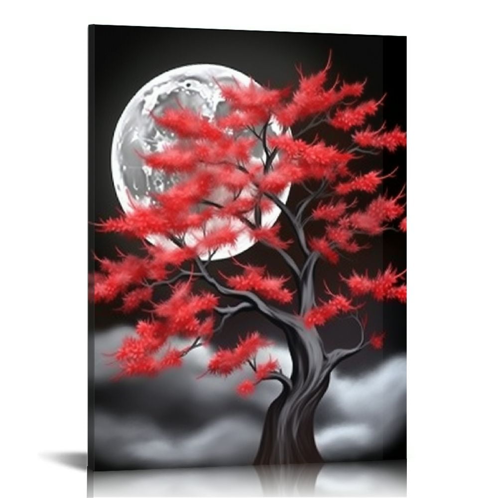 Chilfamy Black and Red Canvas Wall Art Full Moon Red Flower Tree Painting Nature Landscape