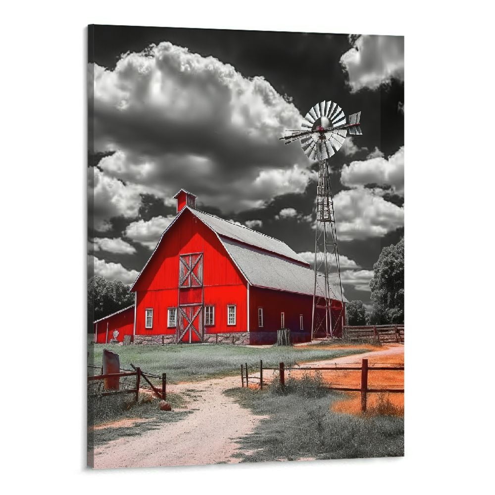 Chilfamy Black Red Farmhouse Wall Art, Barn Pictures Artwork for Rustic ...
