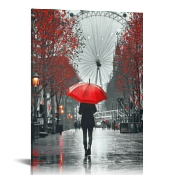 Chilfamy Black and White Wall Art Decor Landscape Canvas Prints Red Umbrella on Paris Street and Ferris Wheel Painting Framed for Living Room 16x20 in/12x16 in