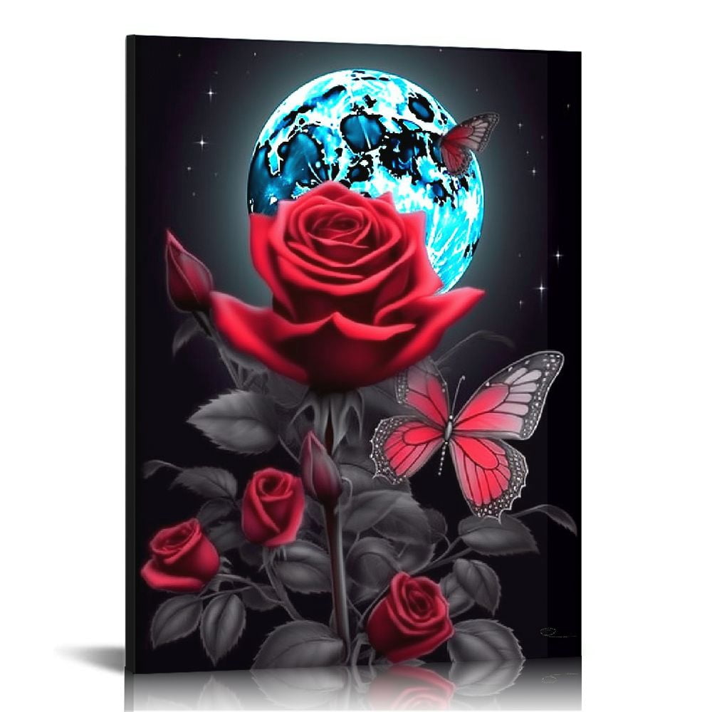 Chilfamy Black and White Wall Art Red Rose Blue Butterfly Canvas Wall ...