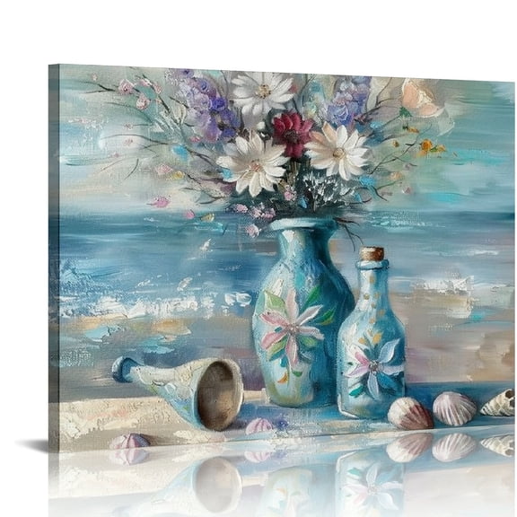 Chilfamy Blue Beach Ocean Floral Bathroom Decor Coastal Seaside Painting Canvas Print for Bathroom Living Room Bedroom Kitchen and Office Wall Decor 20x16 in/16x12 in