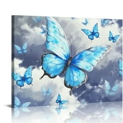Chilfamy  Blue Butterfly Canvas Wall Art Decor Modern Watercolor Butterflies Painting Picture Print for Living Room Bedroom Bathroom Navy Blue Decorations 20x16 in/16x12 in