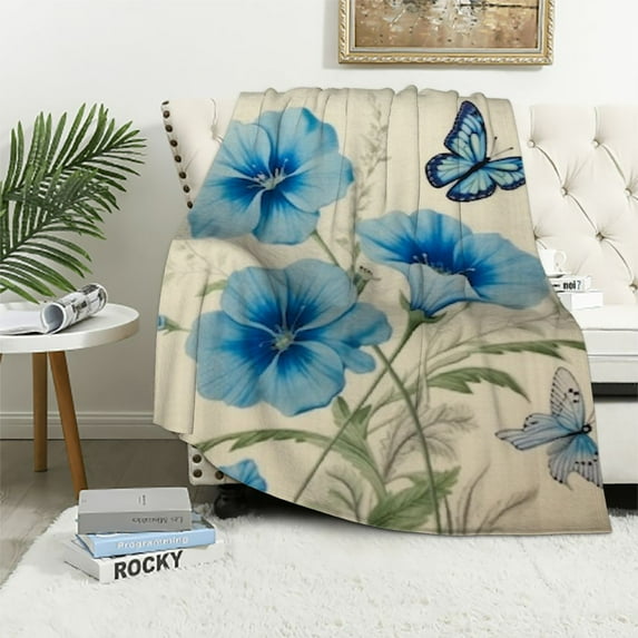 Chilfamy Blue Butterfly Flowers Print Throw Blanket Lightweight Soft Blanket for Bed Couch Car Kids Adults All Seasons 40x50in