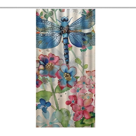 Chilfamy Blue Dragonfly Floral Watercolor Shower Curtain ,Watercolor Flowers Bathroom Shower Curtain, Waterproof Fabric Shower Curtain with Hooks