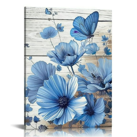 Chilfamy Blue Flowers Butterfly Canvas Print Wall Art Home Decoration Gift for Living Room Bedroom Office 12x16in