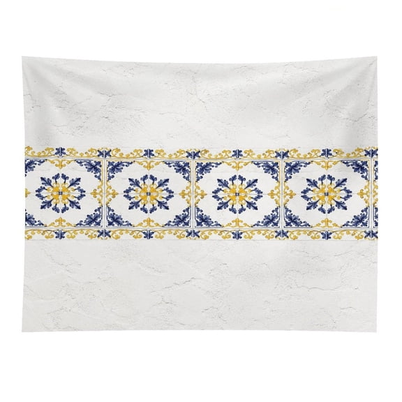 Chilfamy Blue Gold Border Tile Wall Pattern Polyester Wall Tapestry Anti Wrinkle Art Hanging Decor for Bedroom Living Room Home Holiday Decoration Gift