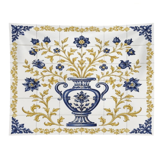 Chilfamy Blue Gold Vase Tile Mural Design Polyester Wall Tapestry Anti Wrinkle Art Hanging Decor for Bedroom Living Room Home Holiday Decoration Gift
