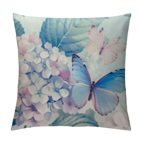 Chilfamy Blue Hydrangea Pillow Covers Spring Summer Floral Throw Pillows Cover Flowers and Butterflies Pillowcase for Couch Sofa Living Room Patio White