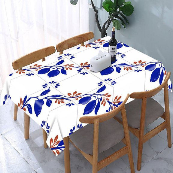 Chilfamy Blue Lemon Branch Tile Pattern Rectangle Dining Tablecloth, Washable Wipeable Stain & Wrinkle Resistant Polyester Tablecloth for Kitchen Picnic Party