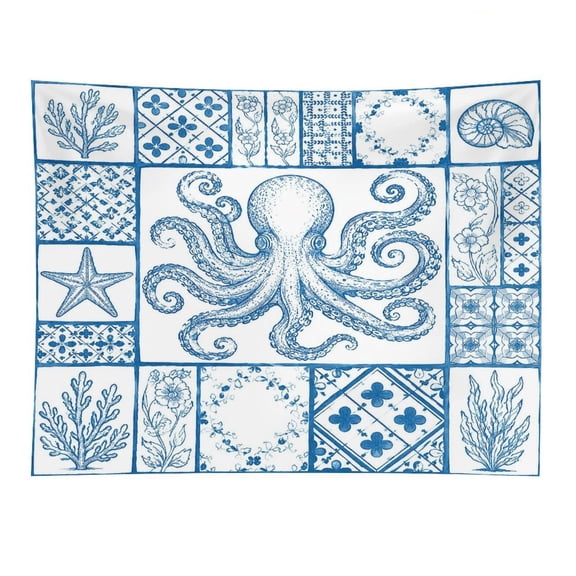 Chilfamy Blue Octopus Tile Pattern Polyester Wall Tapestry Anti Wrinkle Art Hanging Decor for Bedroom Living Room Home Holiday Decoration Gift