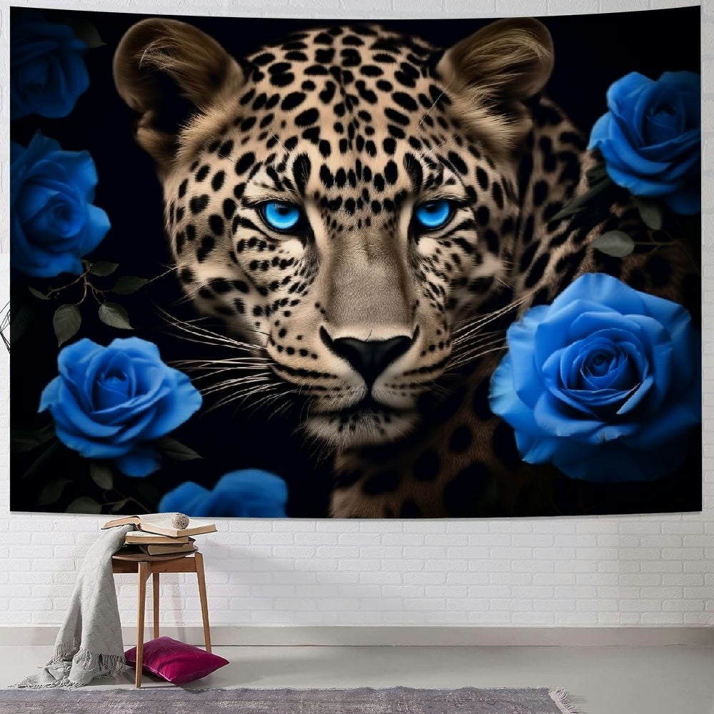 Chilfamy Blue Rose Leopard Tapestry, Africa Cheetah Decor Tapestries