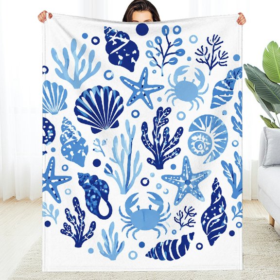 Chilfamy Blue Sea Shells Collection Set All-Season Blanket , Warm Lightweight Fuzzy Bedding for the Couch, Soft Throw for Couch, Travel, Camping