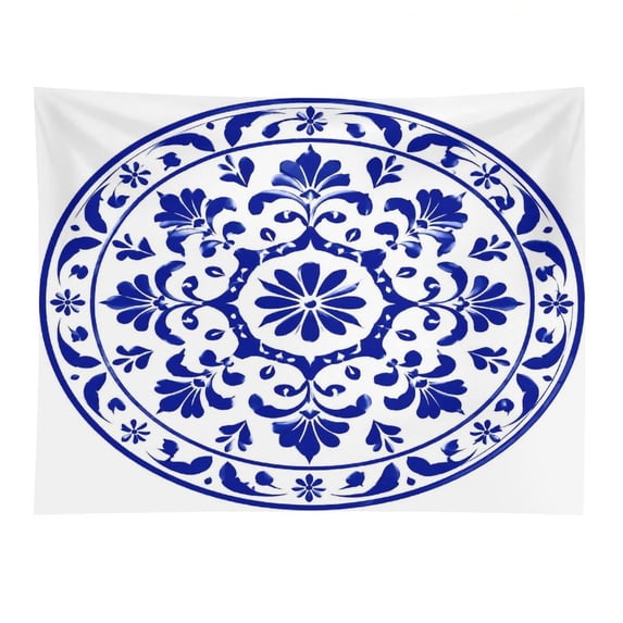 Chilfamy Blue White Round Floral Plate Polyester Wall Tapestry Anti ...