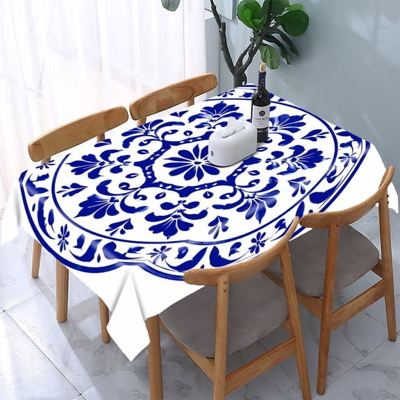 Chilfamy Blue White Round Floral Plate Rectangle Dining Tablecloth, Washable Wipeable Stain & Wrinkle Resistant Polyester Tablecloth for Kitchen Picnic Party