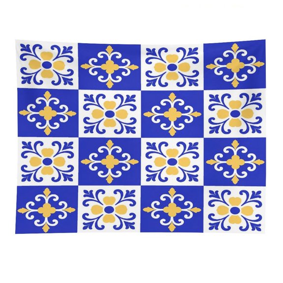 Chilfamy Blue Yellow Checkerboard Floral Tile Polyester Wall Tapestry Anti Wrinkle Art Hanging Decor for Bedroom Living Room Home Holiday Decoration Gift