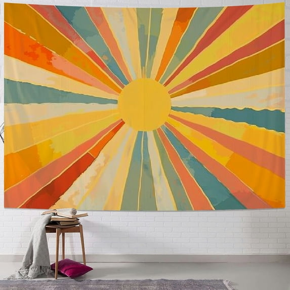 Chilfamy Boho Burning Sun Tapestry Wall Hanging, Retro 70s Abstract Vintage Geometric Rainbow Sunrise Tapestries for Bedroom Living Room Backdrop  Painting