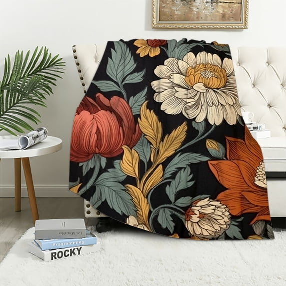 Chilfamy Boho Floral Botanical Throw Blankets, Mid Century Morden Plant Abstract Bohemian Flowers Tropical Leaves Cozy Warm Bed Couch Blanket, Flannel Throws to Decorate Room and Bedroom 50x60in