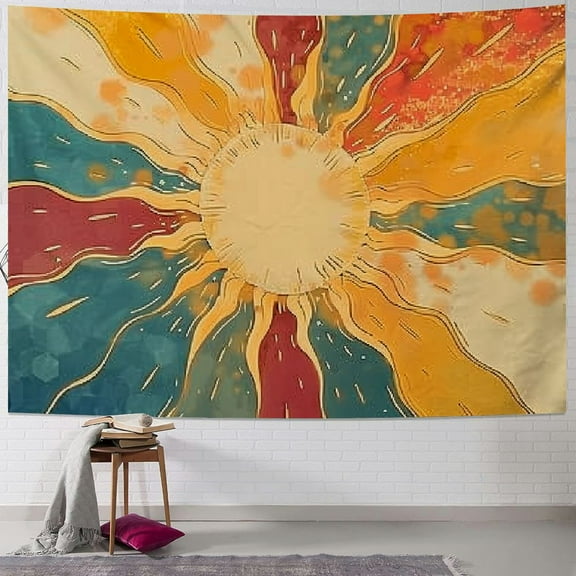 Chilfamy Boho Sun Tapestry, 70s Vintage Bohemia Sunset Tapestry Wall Art, Retro Sunrise Minimal Mid Century Geometric Abstract Art Grunge Hippie Tapestry Wall Hanging for Bedroom