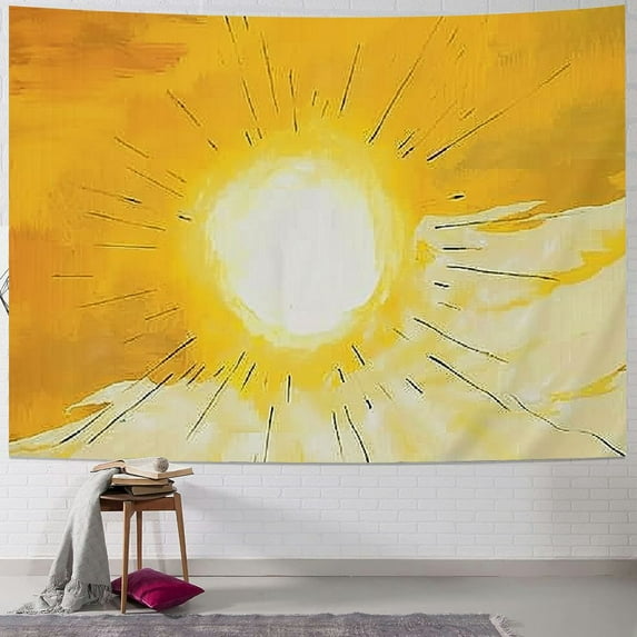 Chilfamy Boho Sun Tapestry Hippie Minimalist Tapestries Wall Hanging for Bedroom Room Aesthetic 70s Decor Bohemian Vintage Yellow Golden Abstract Sunset Dorm Decor Painting