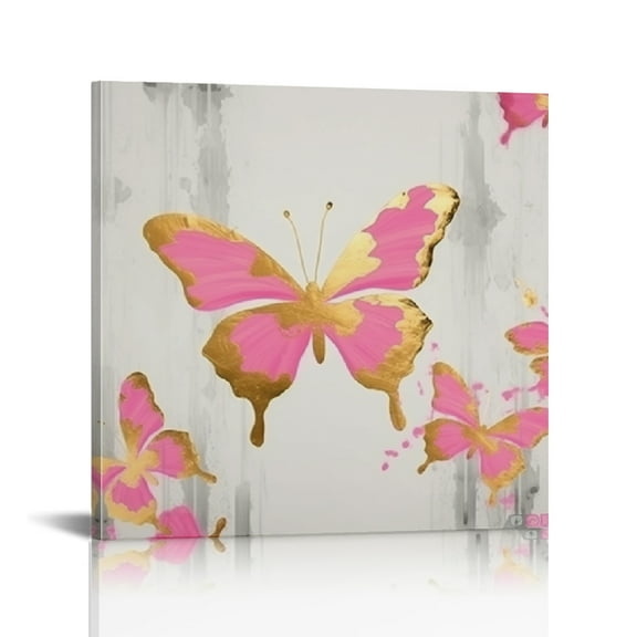 Chilfamy Butterflies Flowers Gold Pink Canvas Wall Art Decor 12x12in