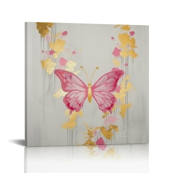 Chilfamy Butterflies Flowers Gold Pink Modern Canvas Wall Art 12x12in