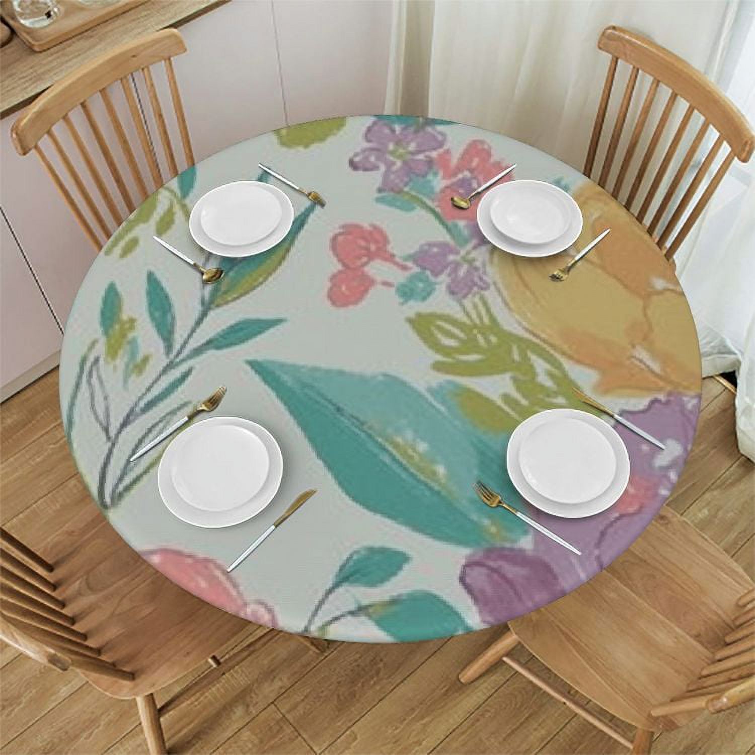 Chilfamy Butterfly Field Floral Backed Tablecloth,Round, Pastel Spring ...