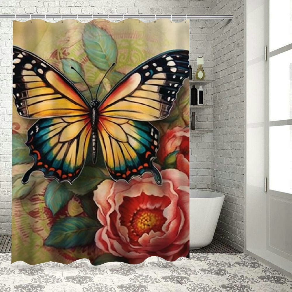 Chilfamy Butterfly Flower Love Waterproof Bathroom Shower Curtain Set ...