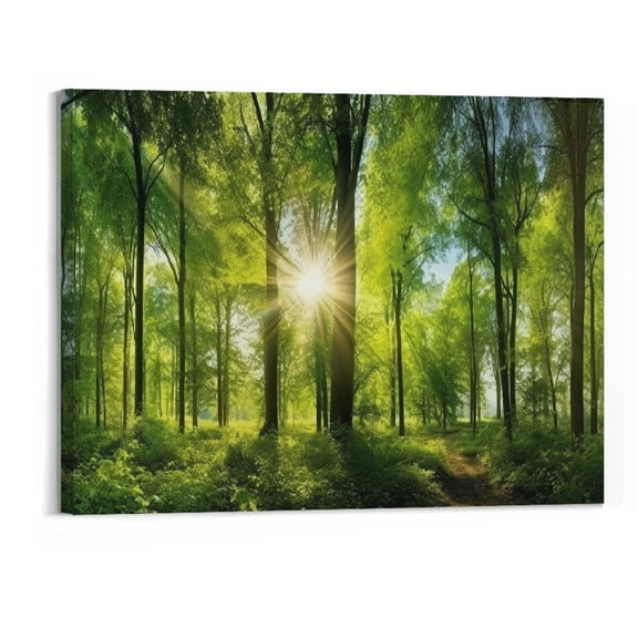 Chilfamy Canvas Print Wall Art Home Decorations Morning Sunrise Green Trees Landscape Sunshine Over Forest Picture Realism Rustic Scenic Living Room Wall Decor Artwork Framed 20x16 Inch