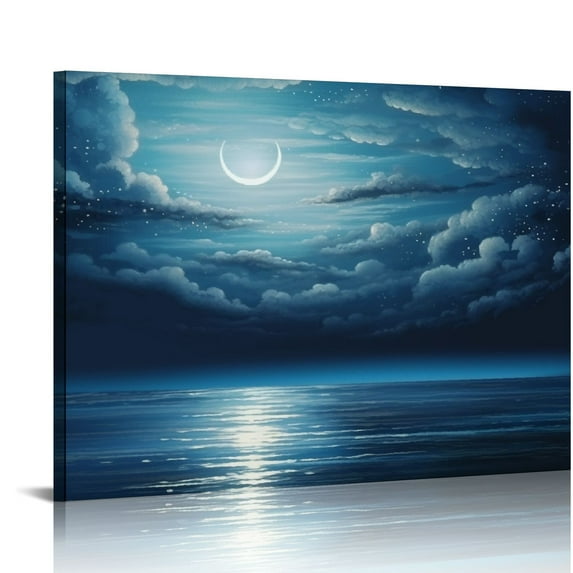 Chilfamy Canvas Print Wall Art Mystic Crescent Moon & Stars Over Tropical Ocean Astronomy & Space Nature Photography Modern Art Rustic Landscape Colorful Sky for Living Room 20x16 in/16x12 in