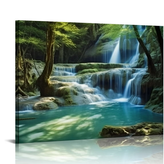 Chilfamy Canvas Prints Wall Art Waterfall, Forest, Blue Pool Ready To Hang Room Home Decor 16x12in