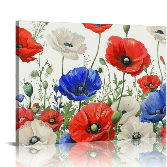 Chilfamy Canvas Wall Art 4th of July Red Blue Poppy Flower Blossom White,Oil Painting Prints Artworks Picture Stretched and Framed,Memorial Day Wall Decor for Bedroom/Kitchen/Bathroom 20x16in