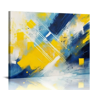 Chilfamy Canvas Wall Art Blue and Yellow Shapes Abstract Brush Strokes Print On Canvas Ready To Hang Home Wall Decor 16x12in