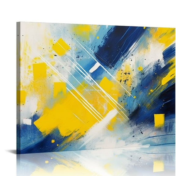Chilfamy Canvas Wall Art Blue and Yellow Shapes Abstract Brush Strokes Print On Canvas Ready To Hang Home Wall Decor 20x16in
