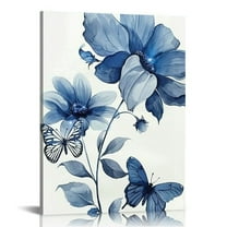 Chilfamy Canvas Wall Art Navy Flower Painting Art Prints Blue Floral With Butterfly Picture Artwork Modern Bedroom Bathroom Wall Decor Framed Ready to Hang Each Panel 16x20 in/12x16 in