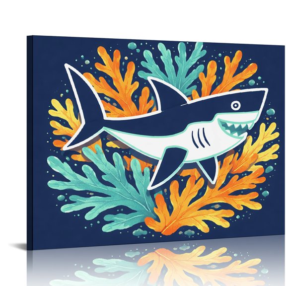 Chilfamy Cartoon Shark Among Coral Reef Modern Wall Decor, Bathroom Wall Art, Wall Art Canvas Print Bathroom Bedroom Kitchen Hallway Wall Decor Prints