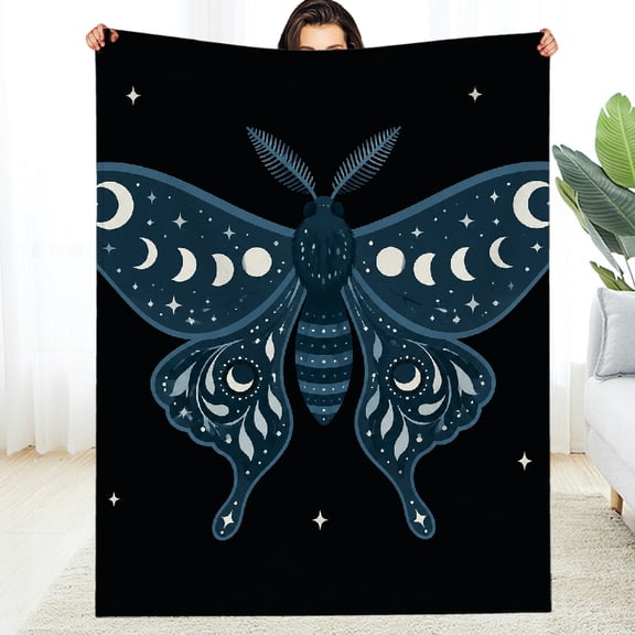Chilfamy Celestial Luna Moth with Moon Phases  Fuzzy Bedding for the Couch, Machine Washable Warm Soft Flannel Fleece Blanket, Soft Throw for Couch, Travel, Camping