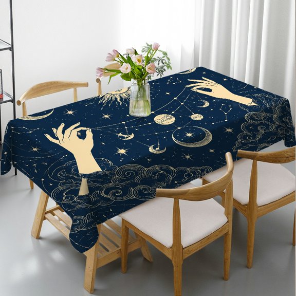 Chilfamy Celestial Weaver Hands Stringing Moon And Stars Rectangle Dining Tablecloth, Holiday-Themed Design - 2D Flat Printing Rectangle Dining Tablecloth, Ideal for Kitchen Picnic Party