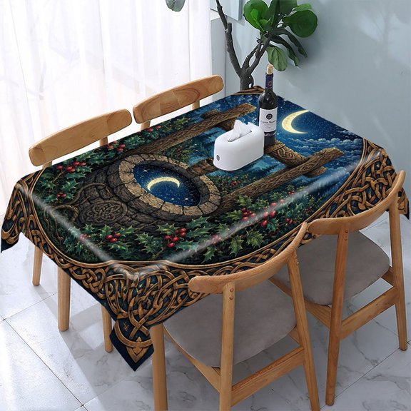 Chilfamy Celtic Wishing Well Moon Holly Rectangle Dining Tablecloth, Washable Wipeable Stain & Wrinkle Resistant Polyester Tablecloth for Kitchen Picnic Party