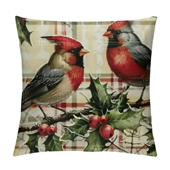 Chilfamy Christmas Decorative Throw Pillow Covers, Red Bird Wreath Holly Berry Poinsettia Cushion Case Decor, Lamp Pine Cone Buffalo Plaid Check Farmhouse Holiday Home Decoration