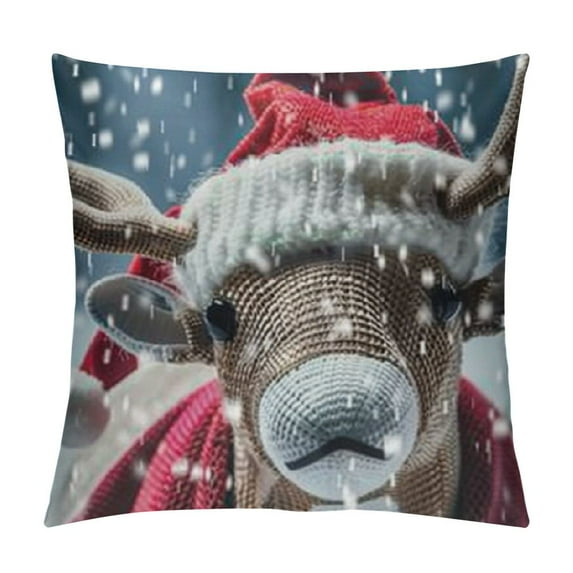 Chilfamy Christmas Throw Pillow Cushion Cover, Reindeer Rudolph with Red Nose and Santa Claus Hat Snowy Forest, Decorative Square Accent Pillow Case, Pale Blue Red Pale Brown 24x24in