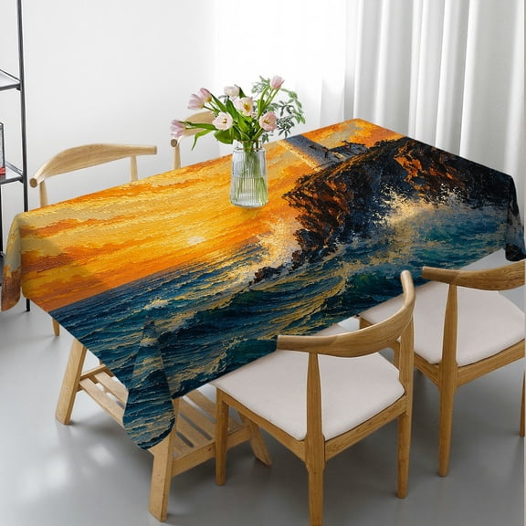 Chilfamy Coastal Lighthouse At Golden Hour Rectangle Dining Tablecloth,  Holiday-Themed Design - Holiday Party Tablecloth Rectangle Dining Tablecloth, Ideal for Kitchen Picnic Party