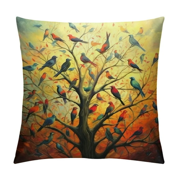 Chilfamy Colorful Tree Birds Pillow Covers, Multicolor Painted Summer Spring Decorative Pillow Cases Cushion Cover for Sofa Bed Couch Home Decor 24x24in