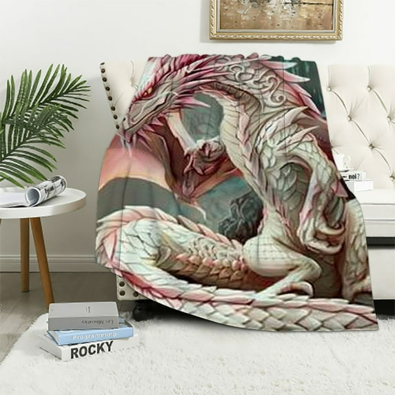 Chilfamy Colourful Dragon Throw Blanket,Vintage Gothic Blanket Artistic Fantasy Mythical Animal Blanket,Antique Wildlife Room Decor Aesthetic White 50x60in