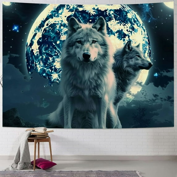 Chilfamy Cool Wolf Moon Tapestry, Blue Galaxy Moon Phase Forest Wall Hanging for Men Teen Boys Girls Bedroom, Fantasy Animals Vertical Tapestries Poster Blanket College Dorm Decor 40x60inch