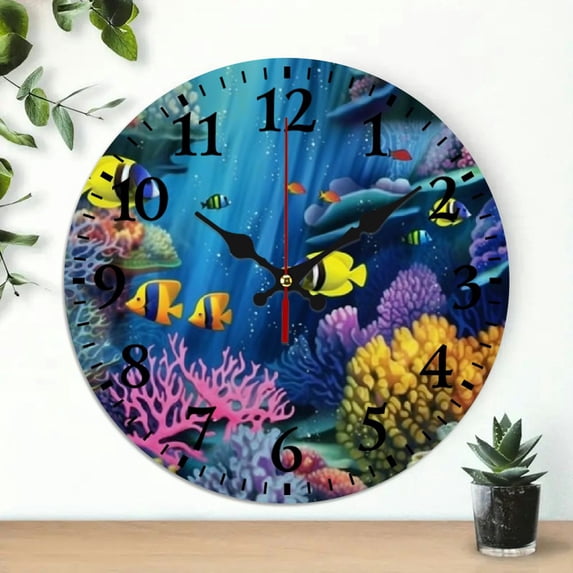 Chilfamy Coral Reef Fish Marine Life Wooden Wall Clock 10 Inches - Round Wall Hanging Decor for Home, Living Rooms, Kitchens, Dorms - Silent Non-Ticking Clock 10x10in