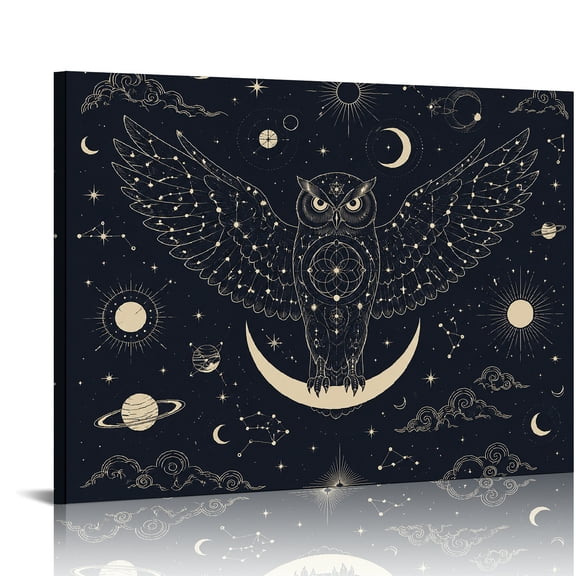 Chilfamy Cosmic Owl Perched On Crescent Moon Wall Art Canvas Print, Ready to Hang, Modern Wall Decor Bathroom Bedroom Kitchen Hallway Wall Decor Prints