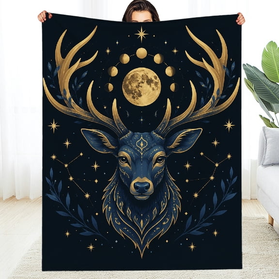 Chilfamy Cosmic Stag with Full Moon Crown All-Season Blanket , Allergy Air Conditioning Fuzzy Bedding for the Couch, Soft Throw for Couch, Travel, Camping