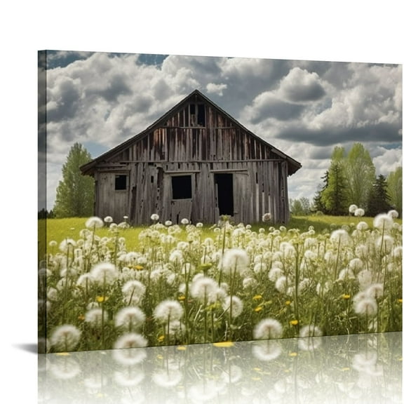 Chilfamy Country Barn Wall Art Canvas: Rustic Farmhouse Landscape Picture Old Farm Nature Scene Painting Print Countryside Flowers Artwork Decor for Living Room Bedroom Office 20x16 in/16x12 in