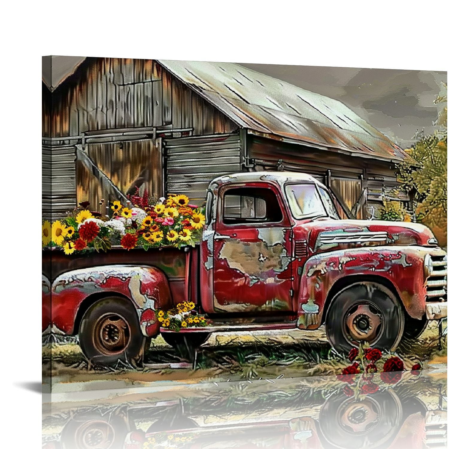 Chilfamy Country Red Truck Wall Art Old Barn Spring Flowers Wall Decor ...