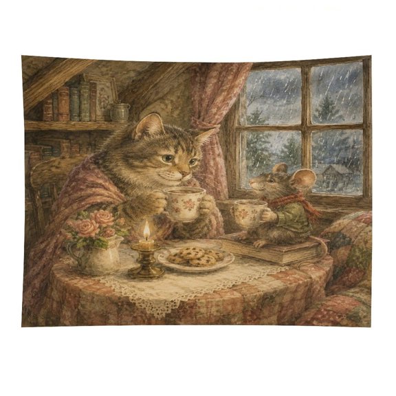 Chilfamy Cozy Rainy Day Tea Friends Polyester Wall Tapestry Anti Wrinkle Art Hanging Decor for Bedroom Living Room Home Holiday Decoration Gift